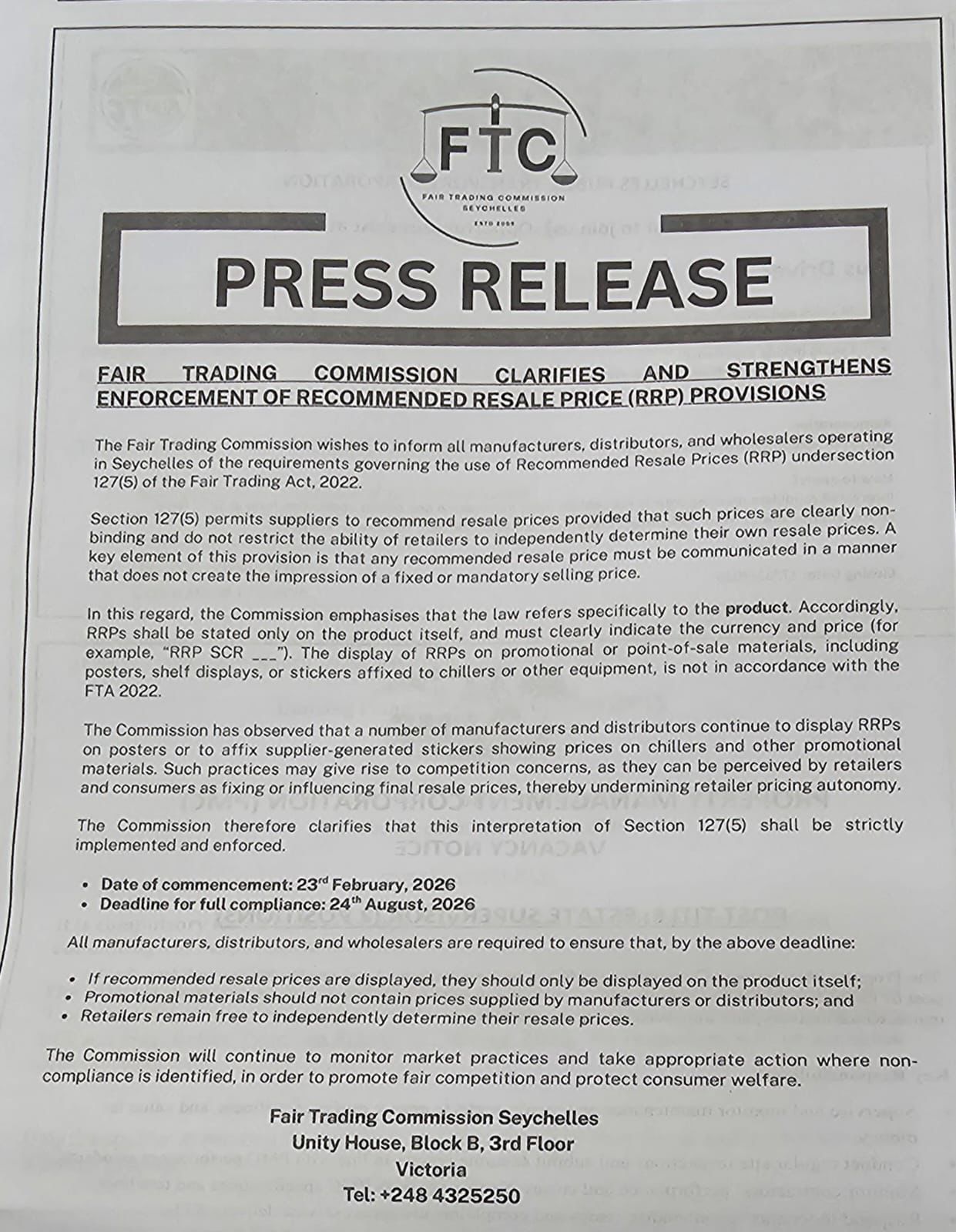 FTC Press Release — Enforcement of Recommended Resale Price (RRP) Provisions
